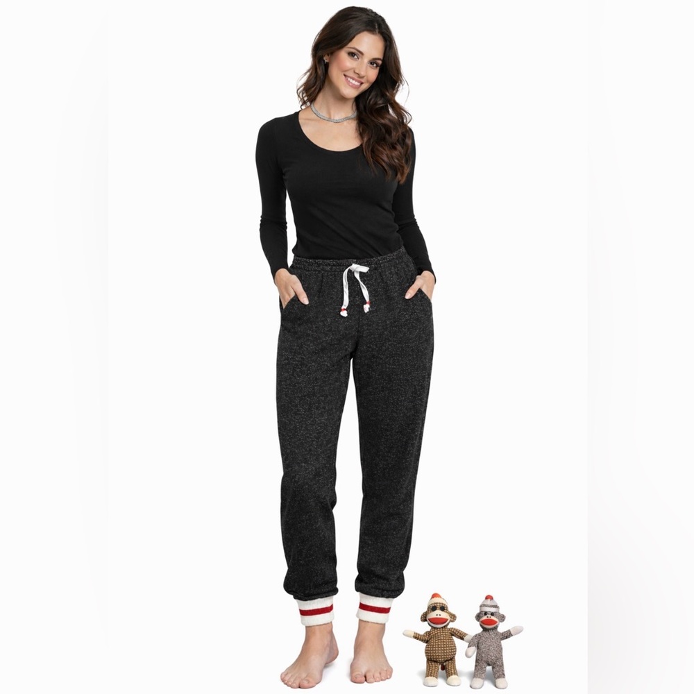 KISMET Sweat Pants Sock Monkey Fleece Size Small Elastic Waist & 2 Plush Monkeys